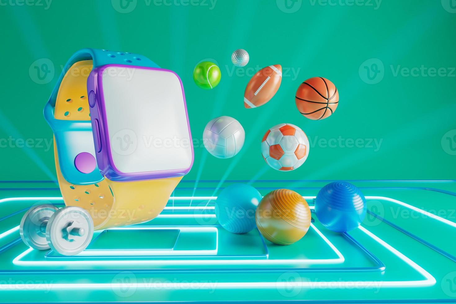 sport object with smartwatch copy space screen. 3d illustration. realistic rendering. fitness health app. online healthy program. white digital display. exercise activity. sports game play competition photo