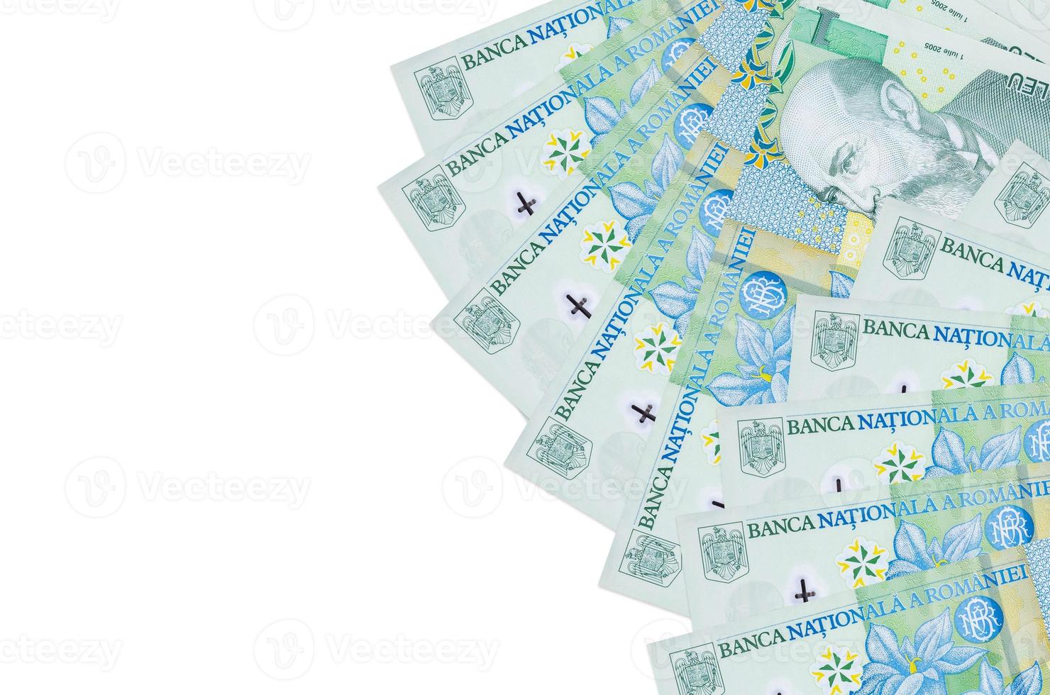 1 Romanian leu bills lies isolated on white background with copy space. Rich life conceptual background photo