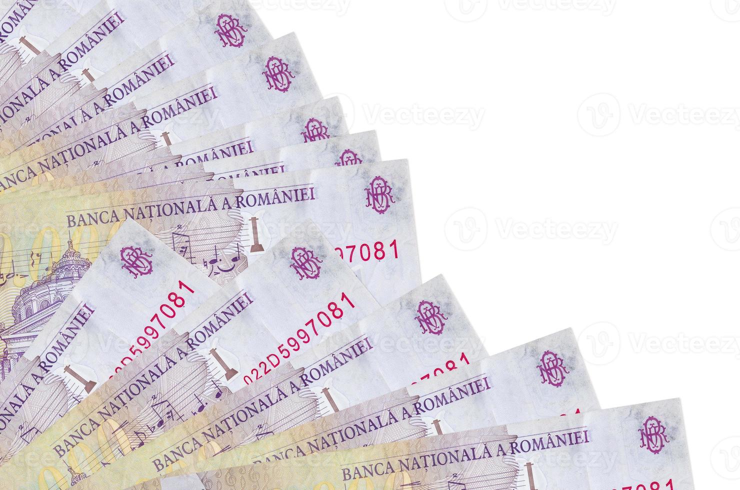 50000 Romanian leu bills lies isolated on white background with copy space stacked in fan close up photo