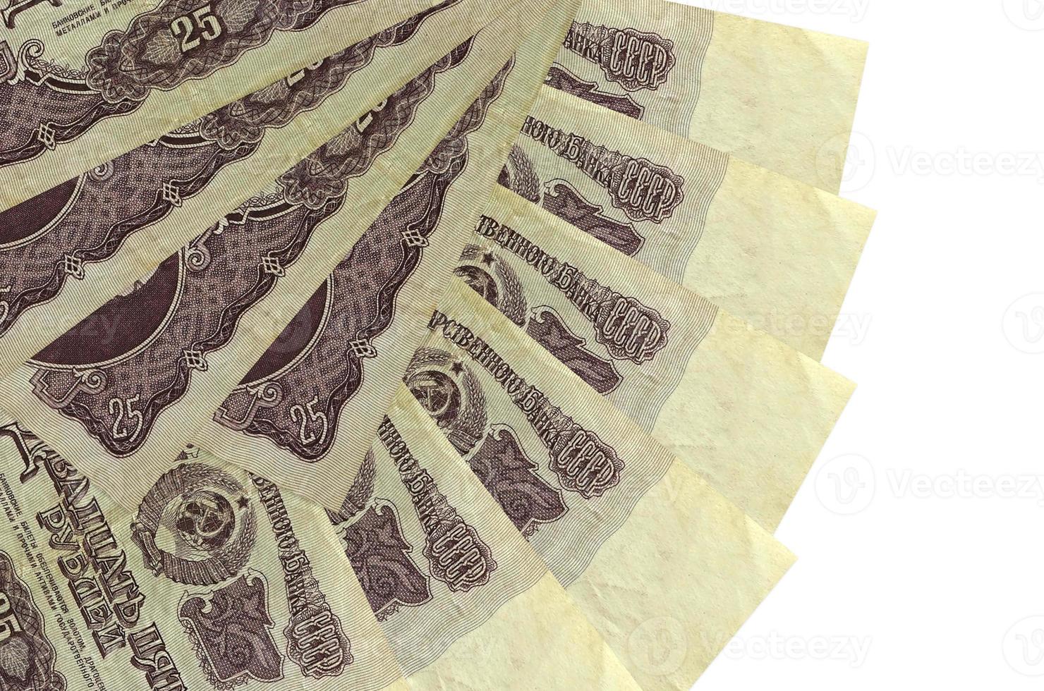 25 russian rubles bills lies isolated on white background with copy space stacked in fan shape close up photo