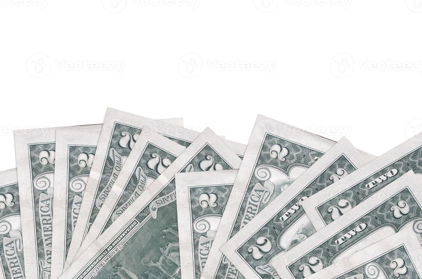 2 US dollars bills lies on bottom side of screen isolated on white background with copy space. Background banner template photo
