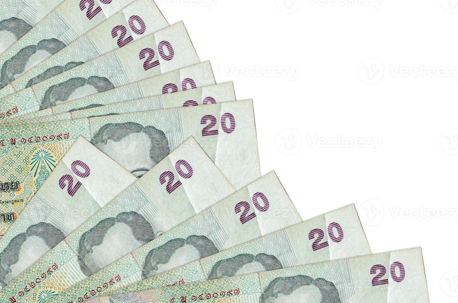 20 Thai Baht bills lies isolated on white background with copy space stacked in fan close up photo