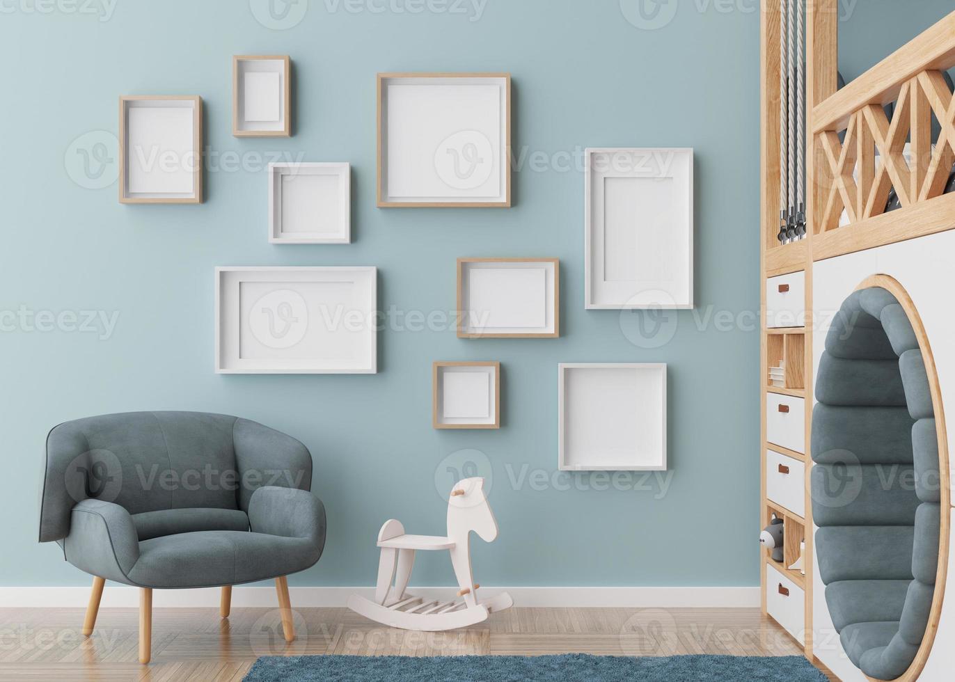 Various empty picture frames on blue wall in modern child's room. Mock up interior in contemporary, scandinavian style. Free, copy space for picture. Group of frames. Cozy room for kids. 3D rendering. photo
