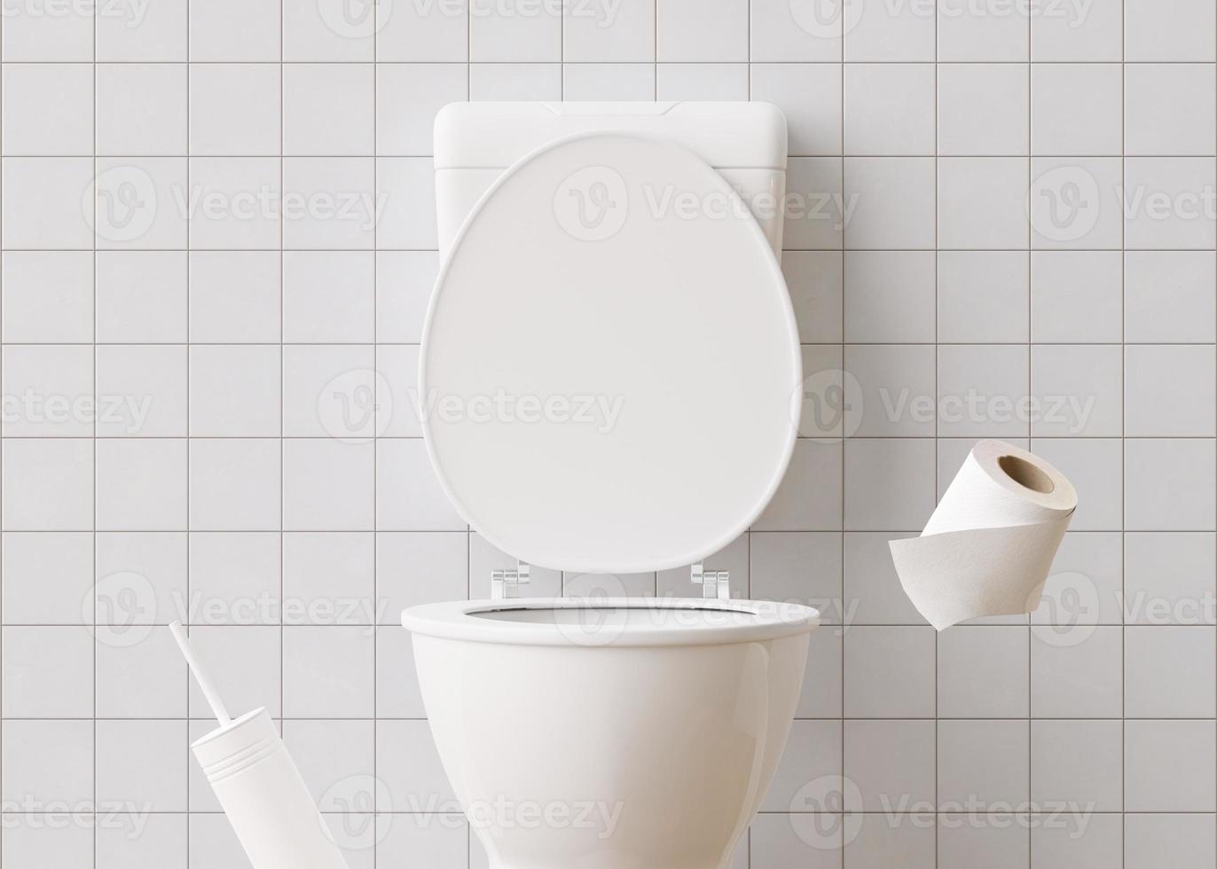 White ceramic toilet, WC in white room. Hygiene, defecation, problems with digestion, constipation, diarrhea concept. Toilet room, close up view. 3D rendering. photo