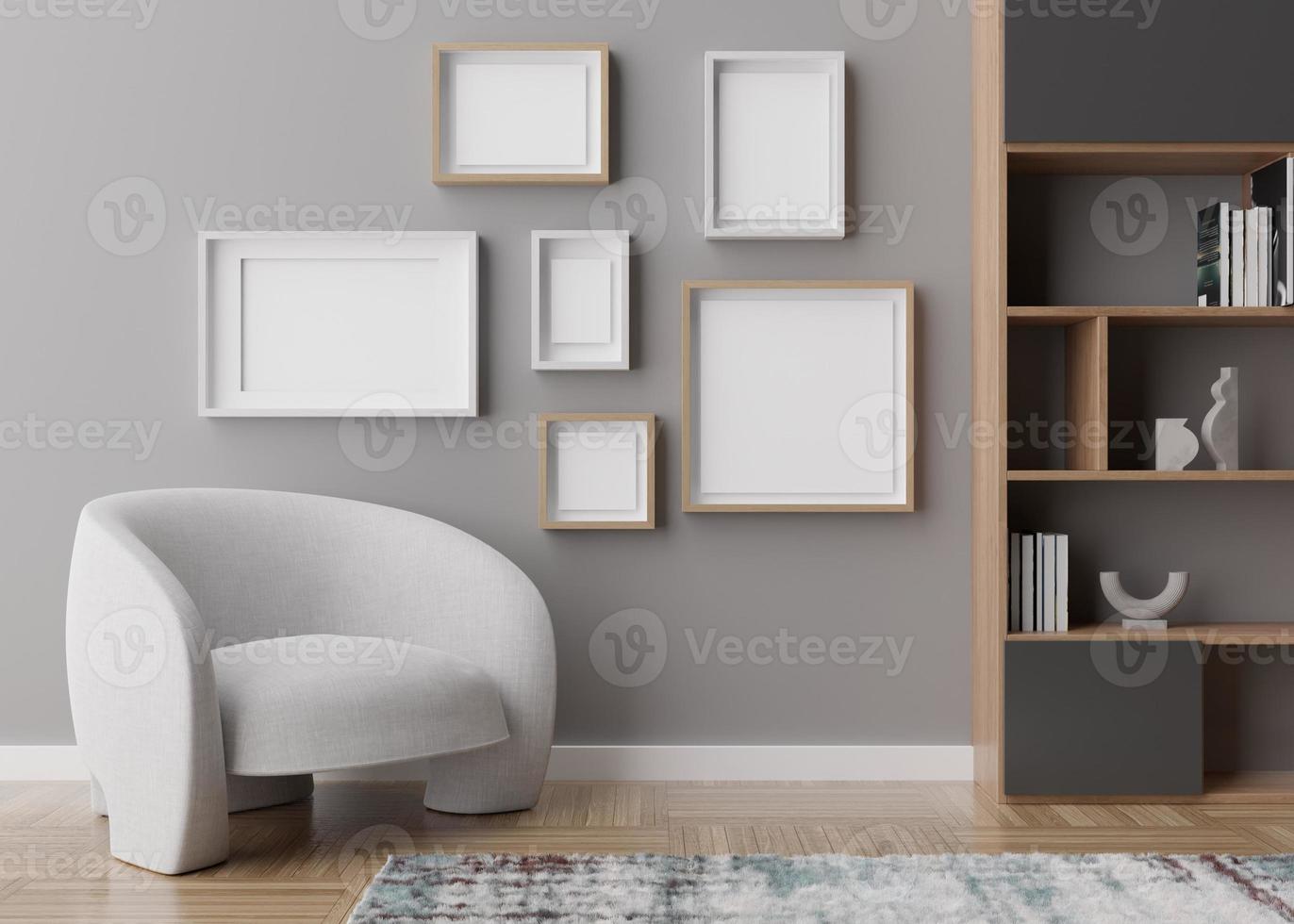 Various empty picture frames on gray wall in modern room. Mock up interior in contemporary style. Free, copy space for pictures, posters, artworks or photos. Group of frames. 3D render. photo