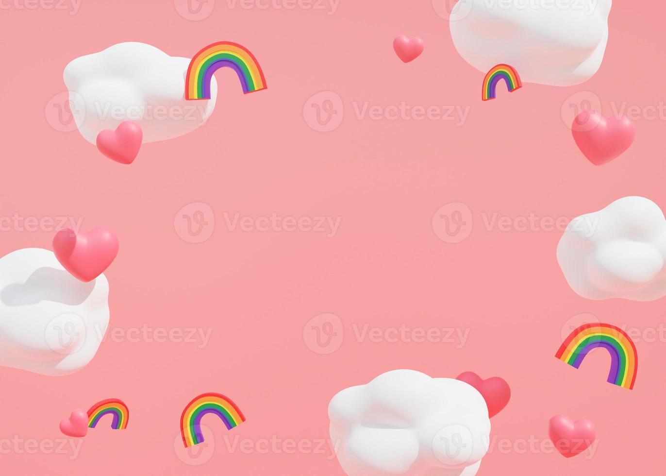 Pink background with hearts, clouds, rainbows with lgbt colors and copy space. Valentine's Day backdrop. Empty space for advertising text. Diversity, homosexuality. LGBT community. Banner. 3D render. photo