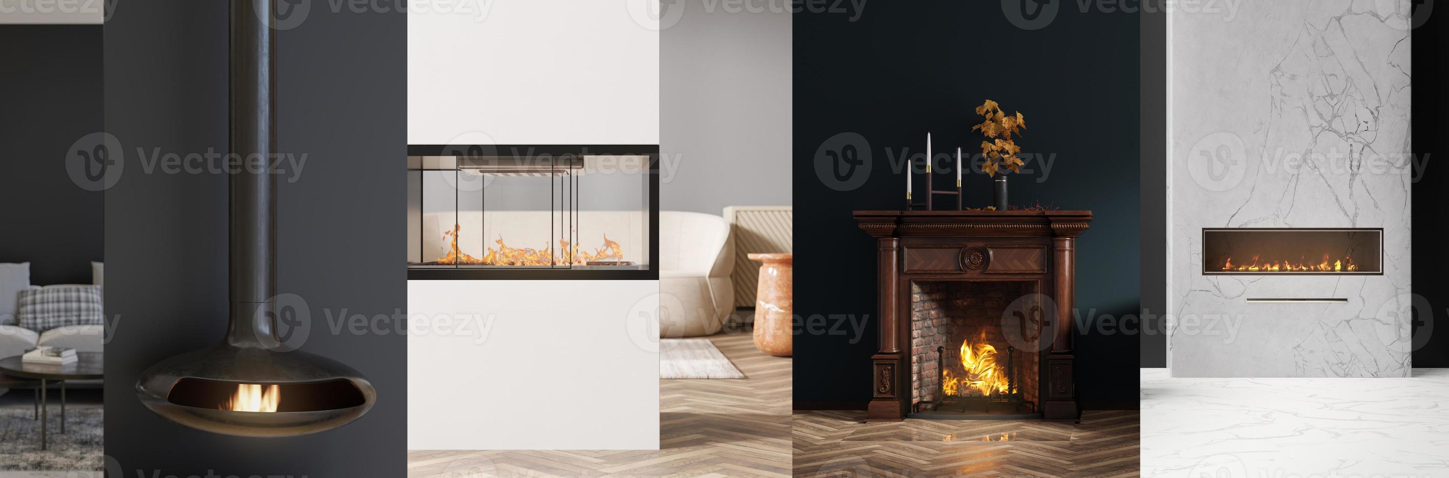Collage with beautiful and modern fireplaces. Banner with luxury gas, electric, wood burning fireplaces. Contemporary style interior design. Burning fire. Cosy, relaxed atmosphere. 3D render. photo