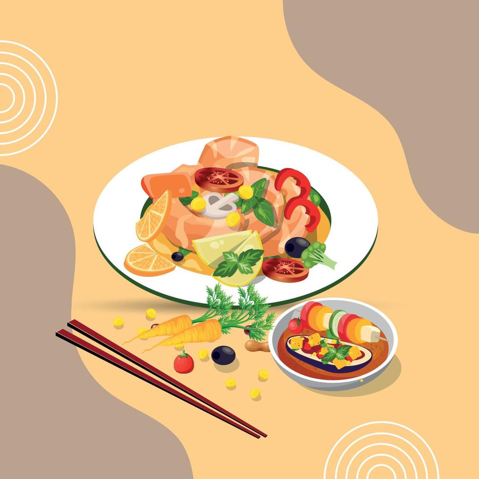 Healthy food and traditional restaurants, cooking, menu, vector illustration