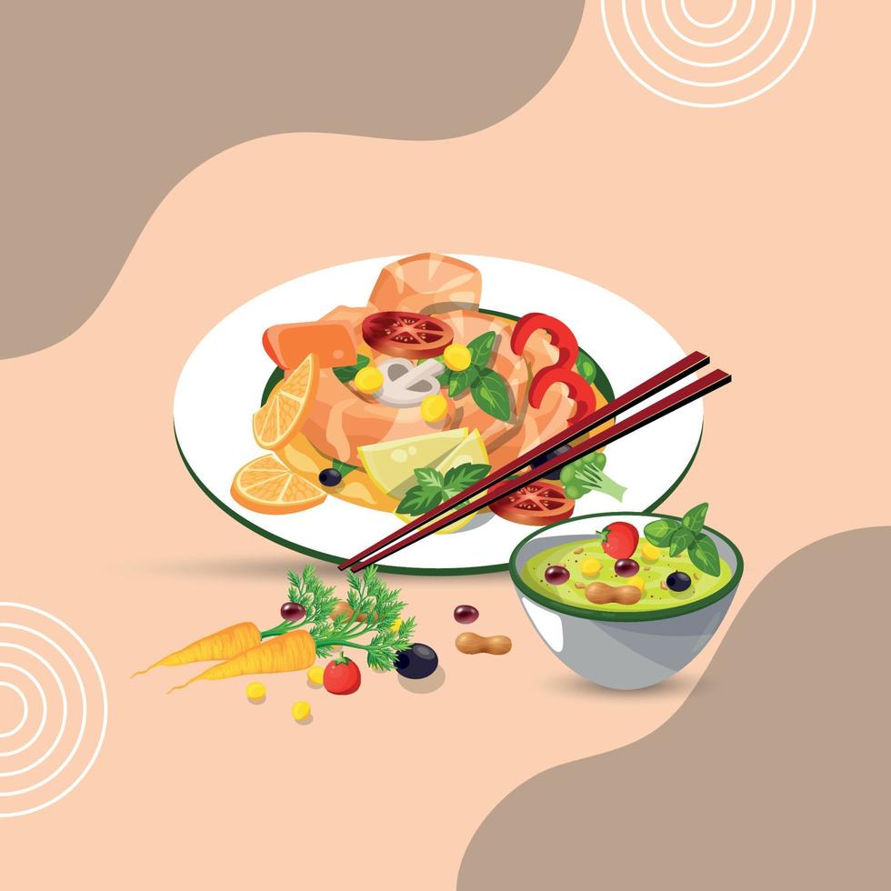 Healthy food and traditional restaurants, cooking, menu, vector illustration