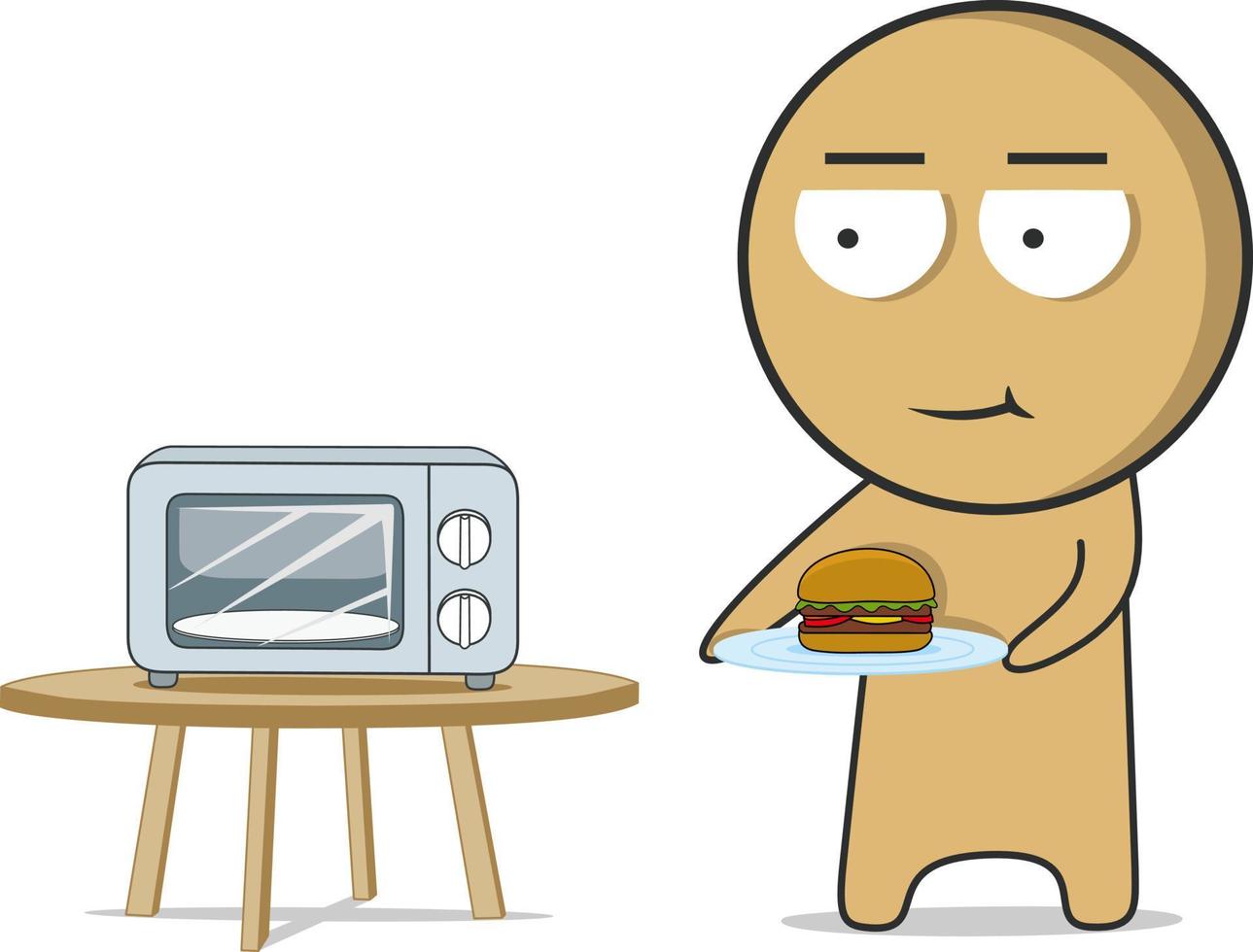 Boy with a hamburger near the microwave vector