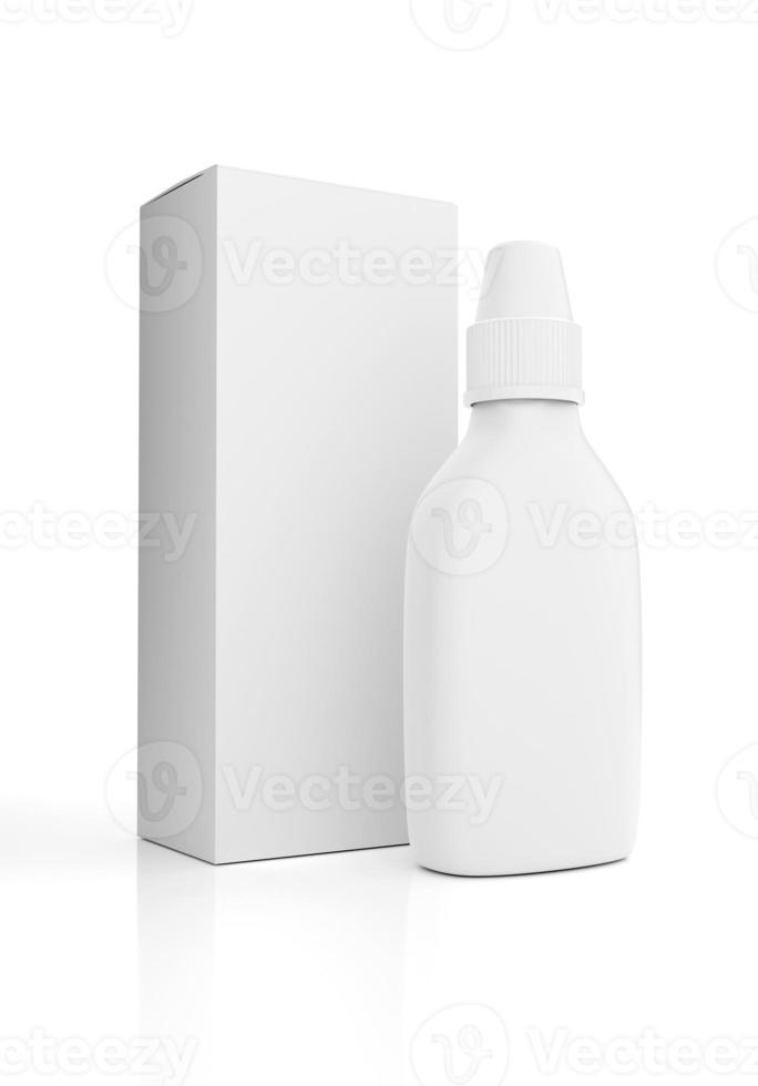Eye Drop Bottle and Box Mockup isolated on White Background - 3D Illustration Render photo