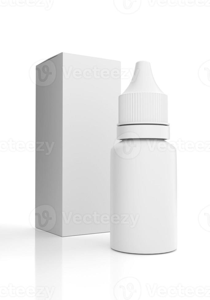 Botella de colirio y maqueta de caja aislada sobre fondo blanco - Ilustración 3D Render foto