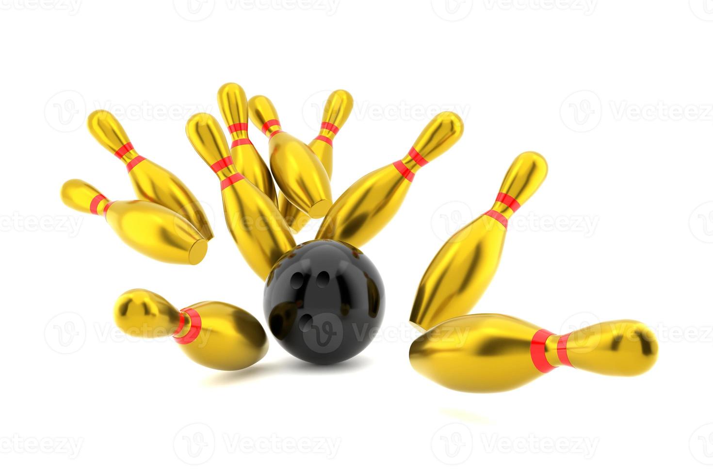Bowling Action Ball Strikes the Gold Bowling pins on white background. 3d Illustration Render photo
