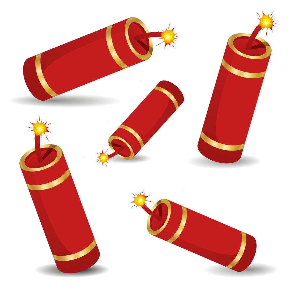 Festive Chinese New Year firecracker set. Isolated on white and red, exploding with flashes and smoke. Translated characters Good Luck and double love. Vector illustration.