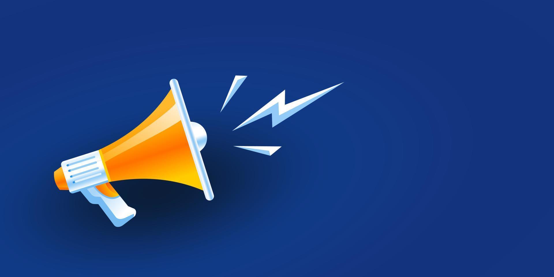 ilustración de vector de megáfono 3d realista naranja y amarillo sobre fondo azul, concepto de altavoz de unirse a nosotros, vacante de trabajo y anuncio en diseño moderno de estilo de dibujos animados planos