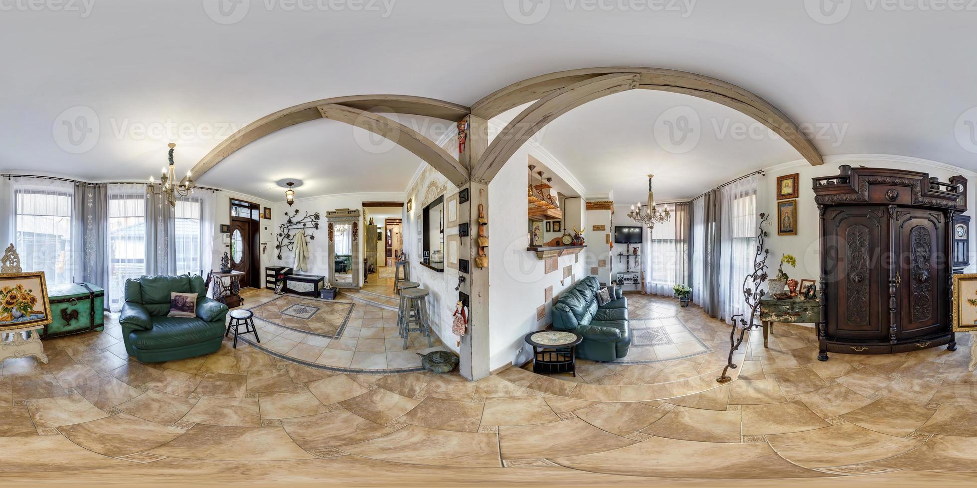 Full spherical seamless hdri 360 panorama view in interior of vintage guest and living room in apartment or homestead in equirectangular projection, VR content photo