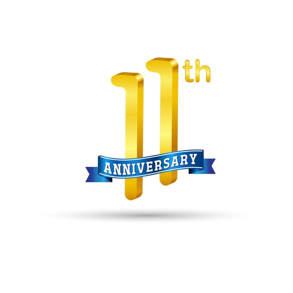 11th golden Anniversary logo with blue ribbon isolated on white background. 3d gold Anniversary logo vector