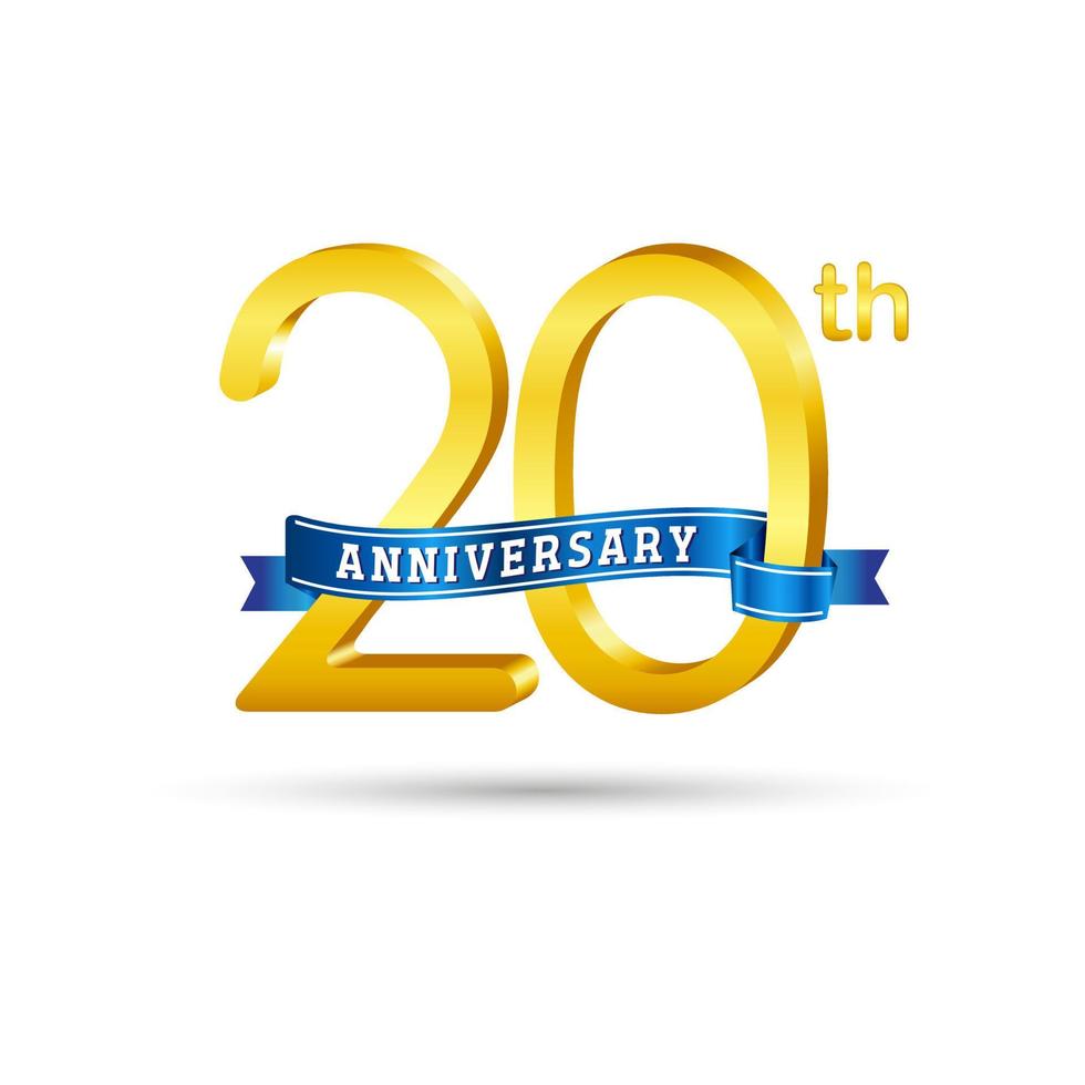 Logotipo del vigésimo aniversario de oro con cinta azul aislada en fondo blanco. logotipo de aniversario de oro 3d vector