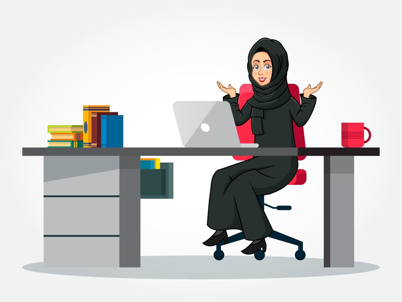 Arabic Businesswoman cartoon Character in traditional clothes sitting at her desk, spreading her hands to the sides vector