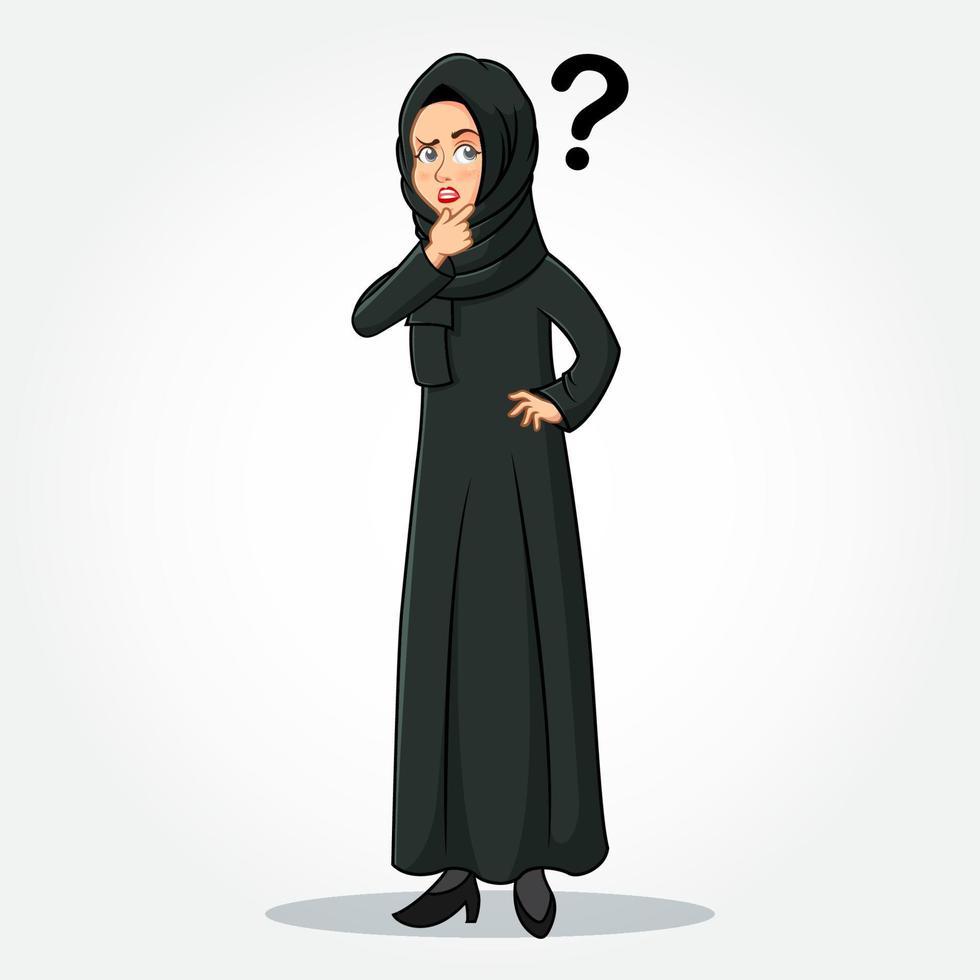 personaje de dibujos animados de mujer de negocios árabe en ropa tradicional pensando con icono de signo de interrogación vector