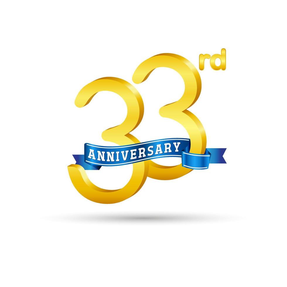 Logo del 33 aniversario de oro con cinta azul aislada en fondo blanco. logotipo de aniversario de oro 3d vector