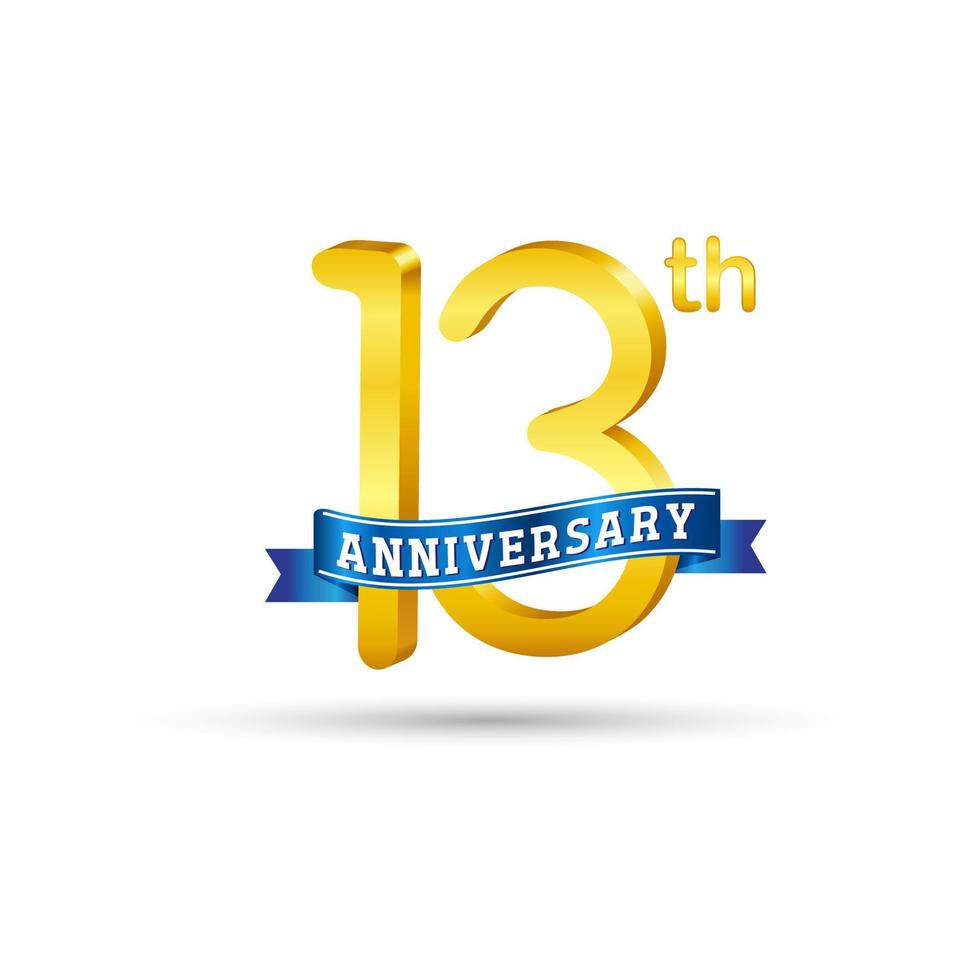 13th golden Anniversary logo with blue ribbon isolated on white background. 3d gold Anniversary logo vector