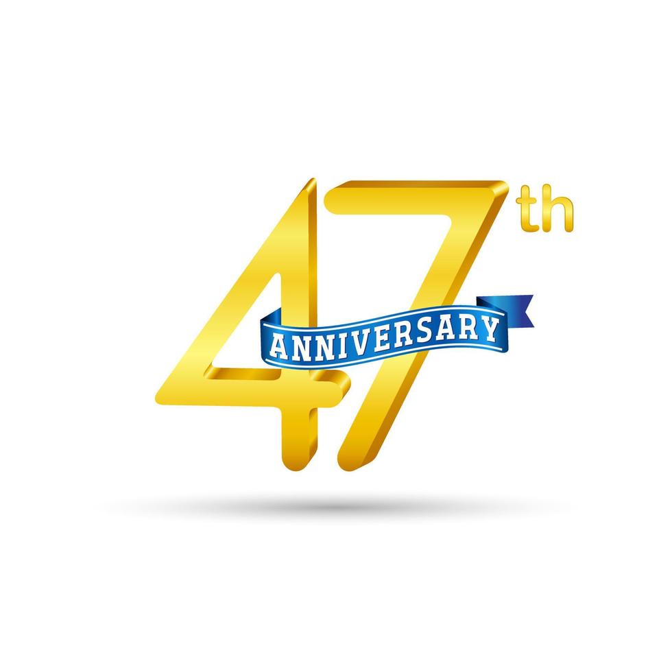 47th golden Anniversary logo with blue ribbon isolated on white background. 3d gold Anniversary logo vector