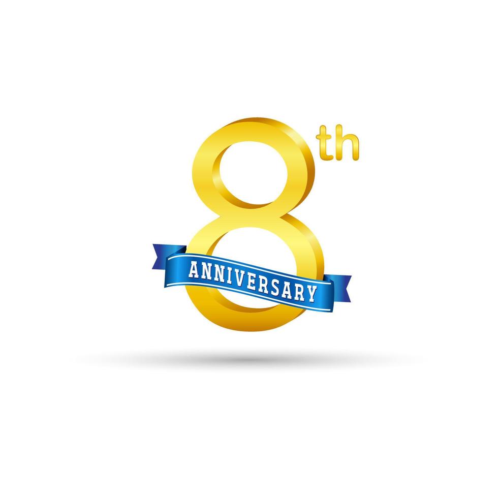 8th golden Anniversary logo with blue ribbon isolated on white background. 3d gold Anniversary logo vector