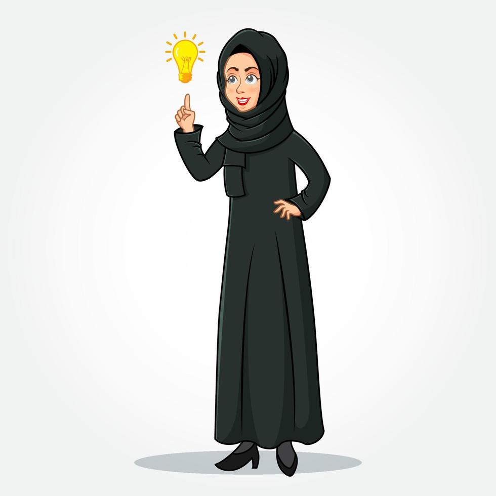 Arabic Businesswoman cartoon Character in traditional clothes pointing up to the bright idea bulb vector