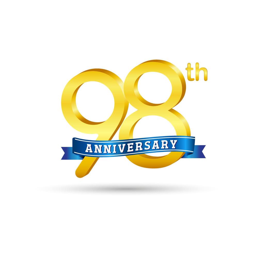 Logotipo del 98.º aniversario de oro con cinta azul aislada en fondo blanco. logotipo de aniversario de oro 3d vector