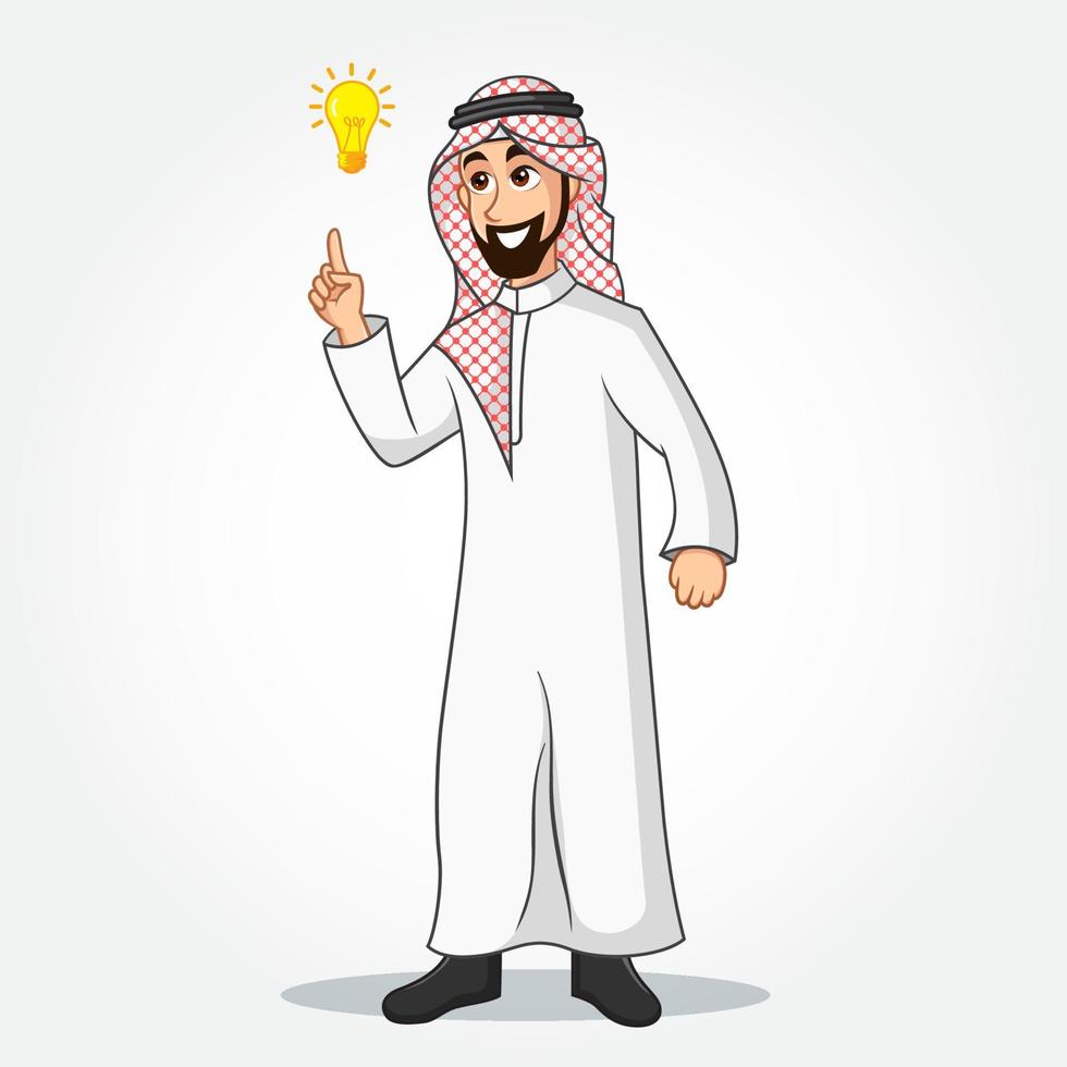 Arabic Businessman cartoon Character in traditional clothes pointing up to the bright idea bulb as a symbol of having an idea vector