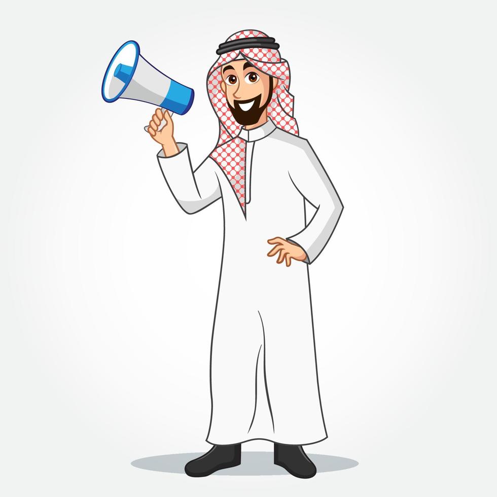 Arabic Businessman cartoon Character in traditional clothes holding a megaphone vector