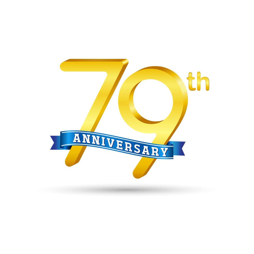 Logotipo del 79.º aniversario de oro con cinta azul aislada en fondo blanco. logotipo de aniversario de oro 3d vector