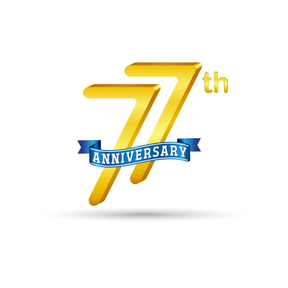 Logotipo del 77.º aniversario de oro con cinta azul aislada en fondo blanco. logotipo de aniversario de oro 3d vector