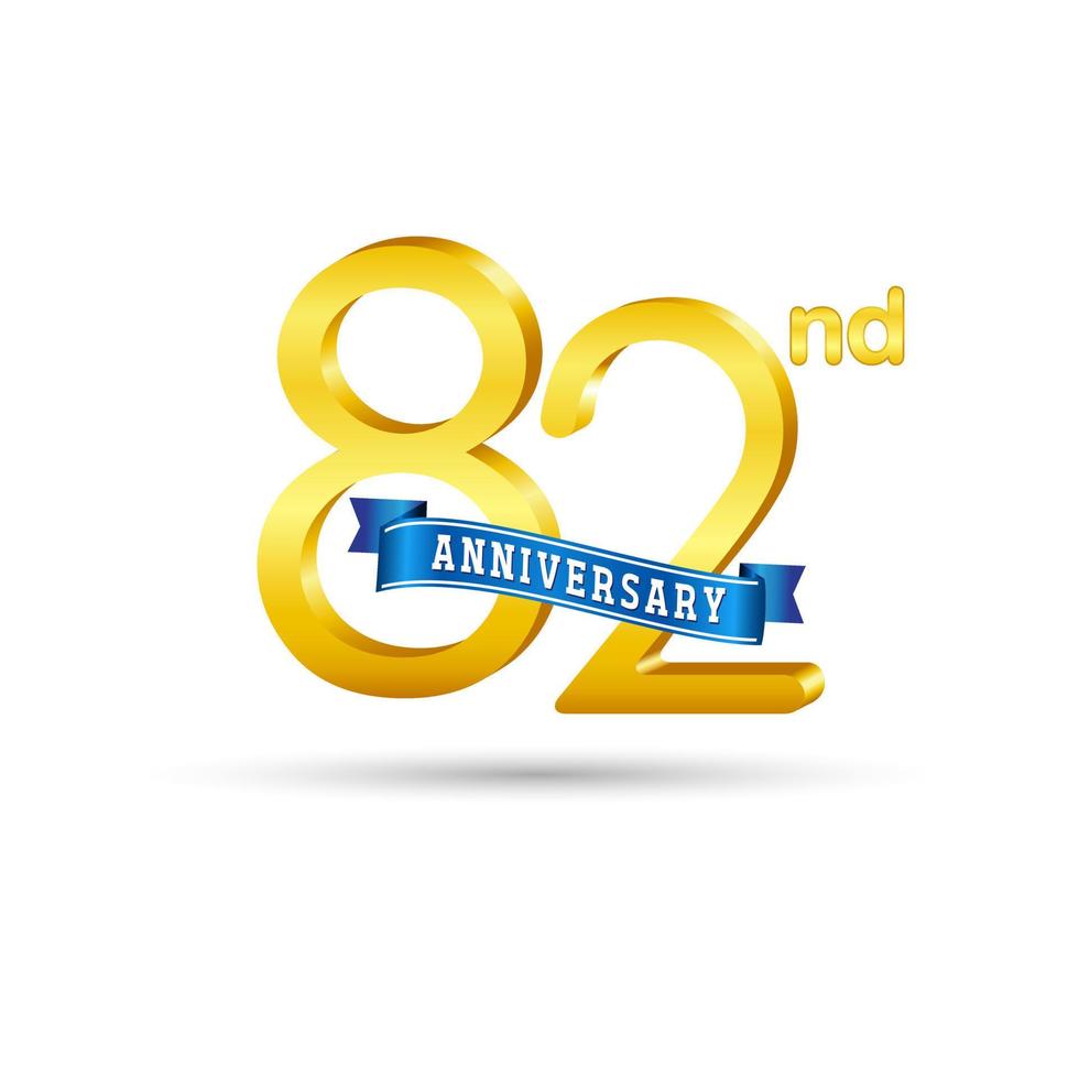 Logotipo del 82.º aniversario de oro con cinta azul aislada en fondo blanco. logotipo de aniversario de oro 3d vector