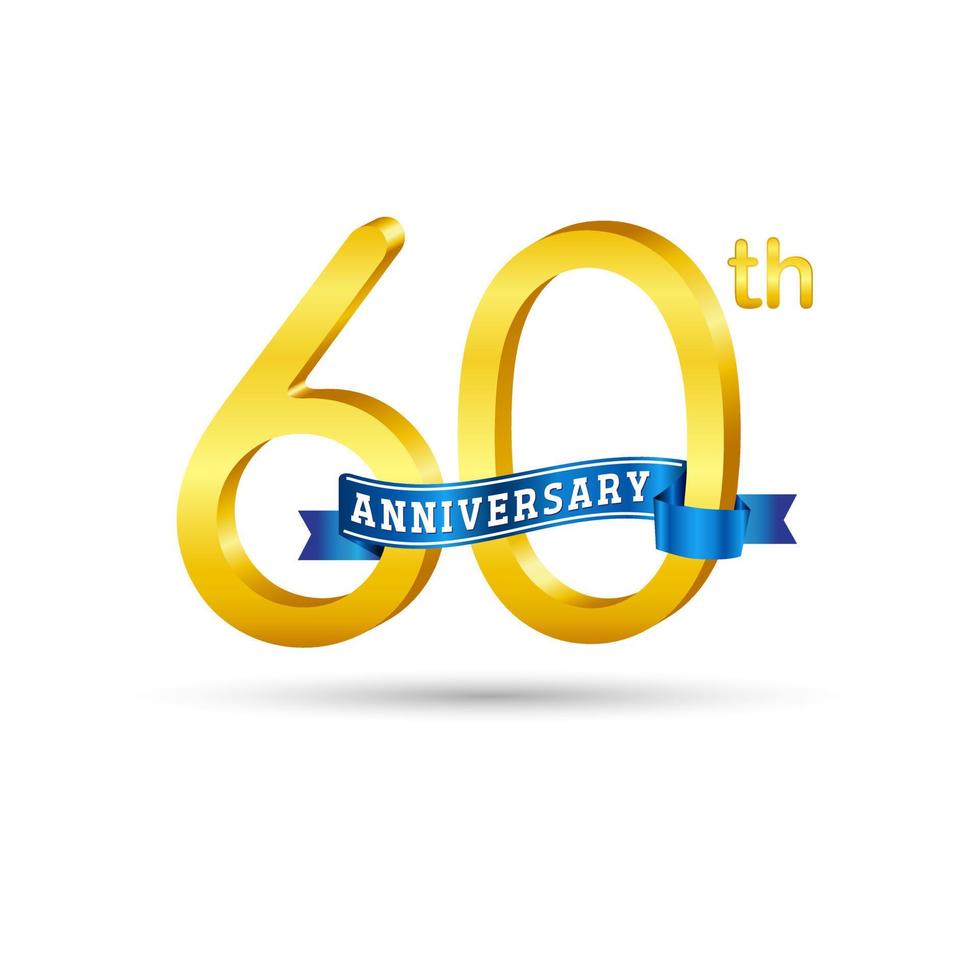 60th golden Anniversary logo with blue ribbon isolated on white background. 3d gold Anniversary logo vector