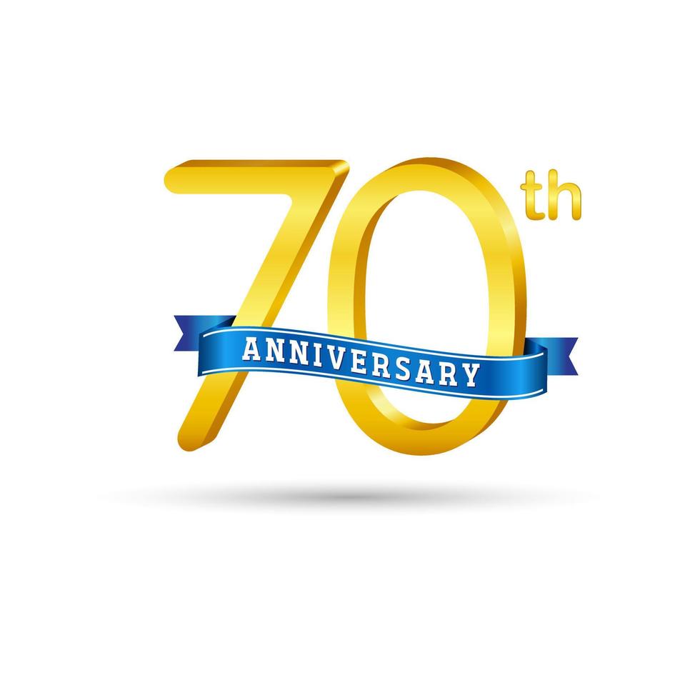 Logo del 70 aniversario de oro con cinta azul aislada en fondo blanco. vector