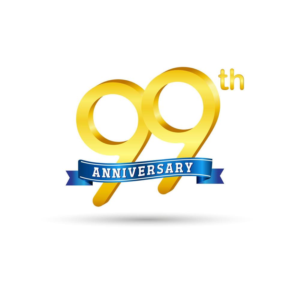 99th golden Anniversary logo with blue ribbon isolated on white background. 3d gold Anniversary logo vector