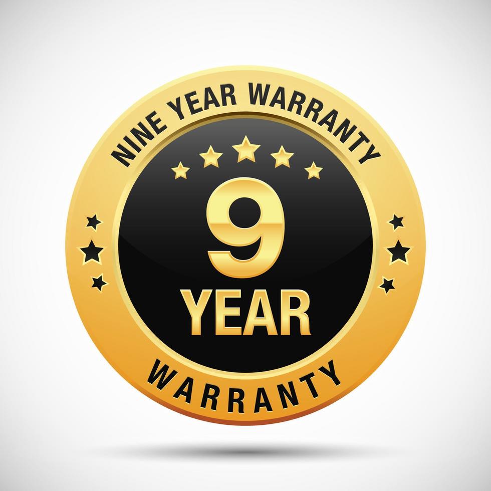 9 years warranty golden badge isolated on white background vector