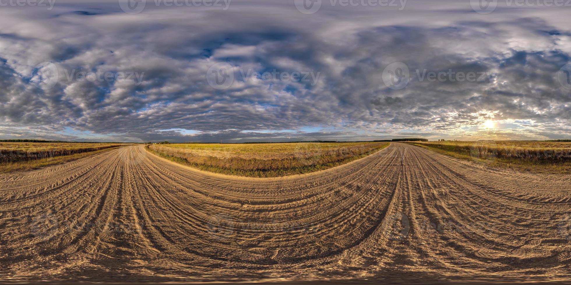 full seamless spherical 360 hdri panorama view among fields in autumn evening sunset with awesome blue pink red fluffy clouds in equirectangular projection, ready for VR AR virtual reality photo