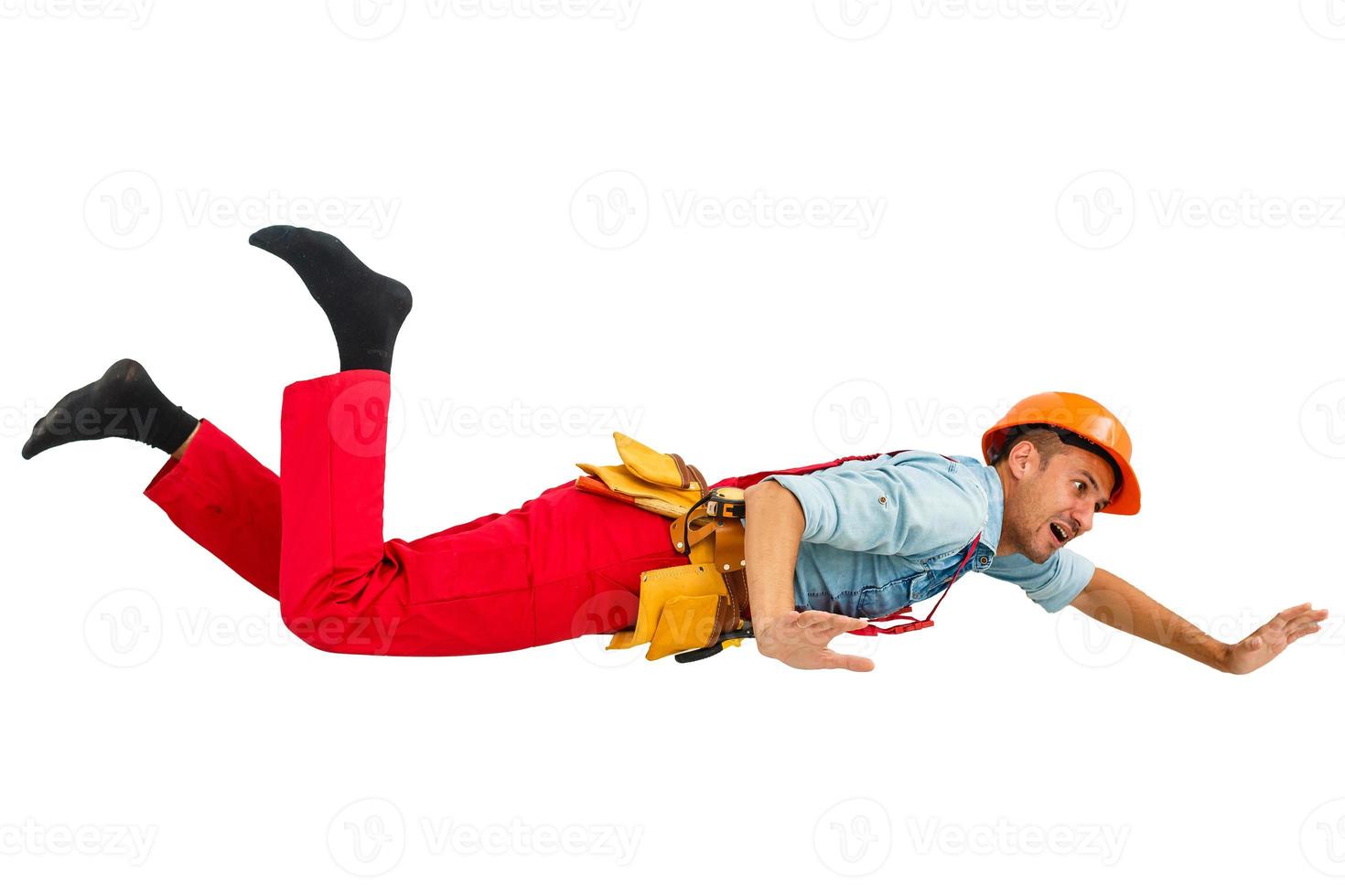 Construction site worker flies on white background photo