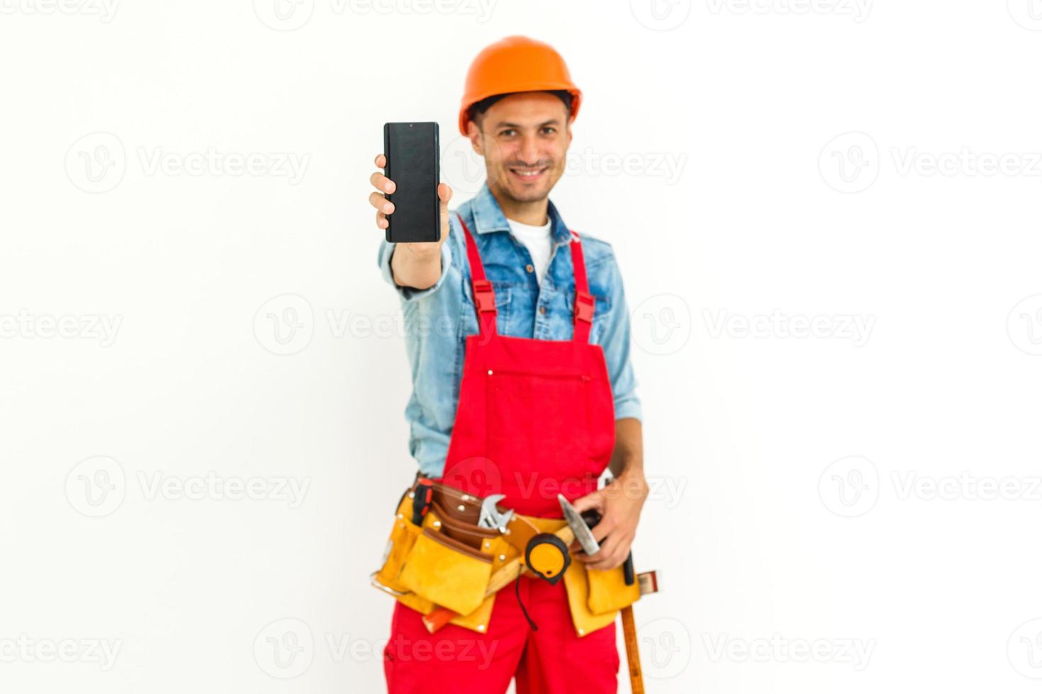 Rear view of Male Construction Worker with short black hair in uniform Isolated photo