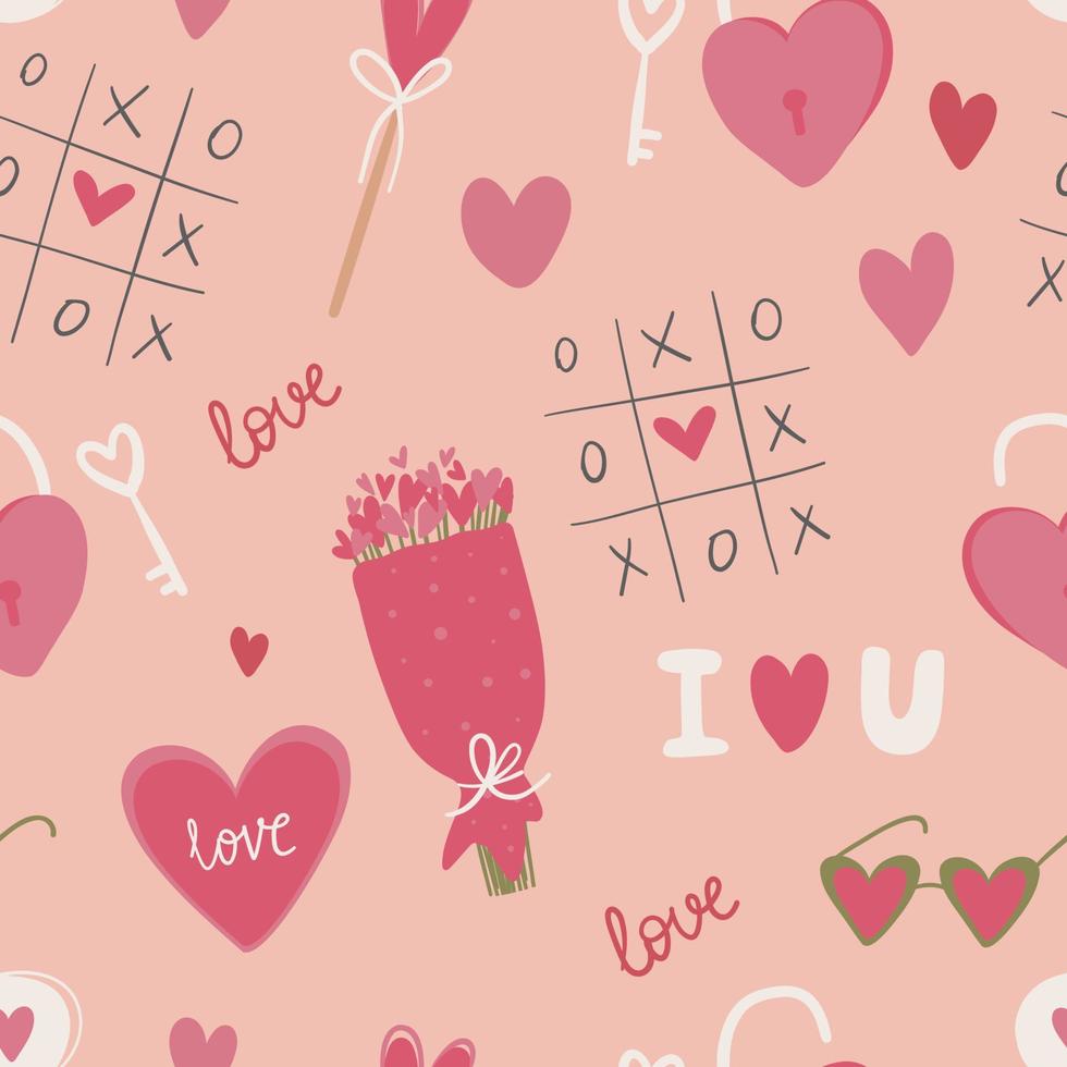 Seamless pattern with red hearts, declarations of love and more. Valentine's day background with symbols of love, romance and passion. Vector illustration for wrapping paper, wallpaper.