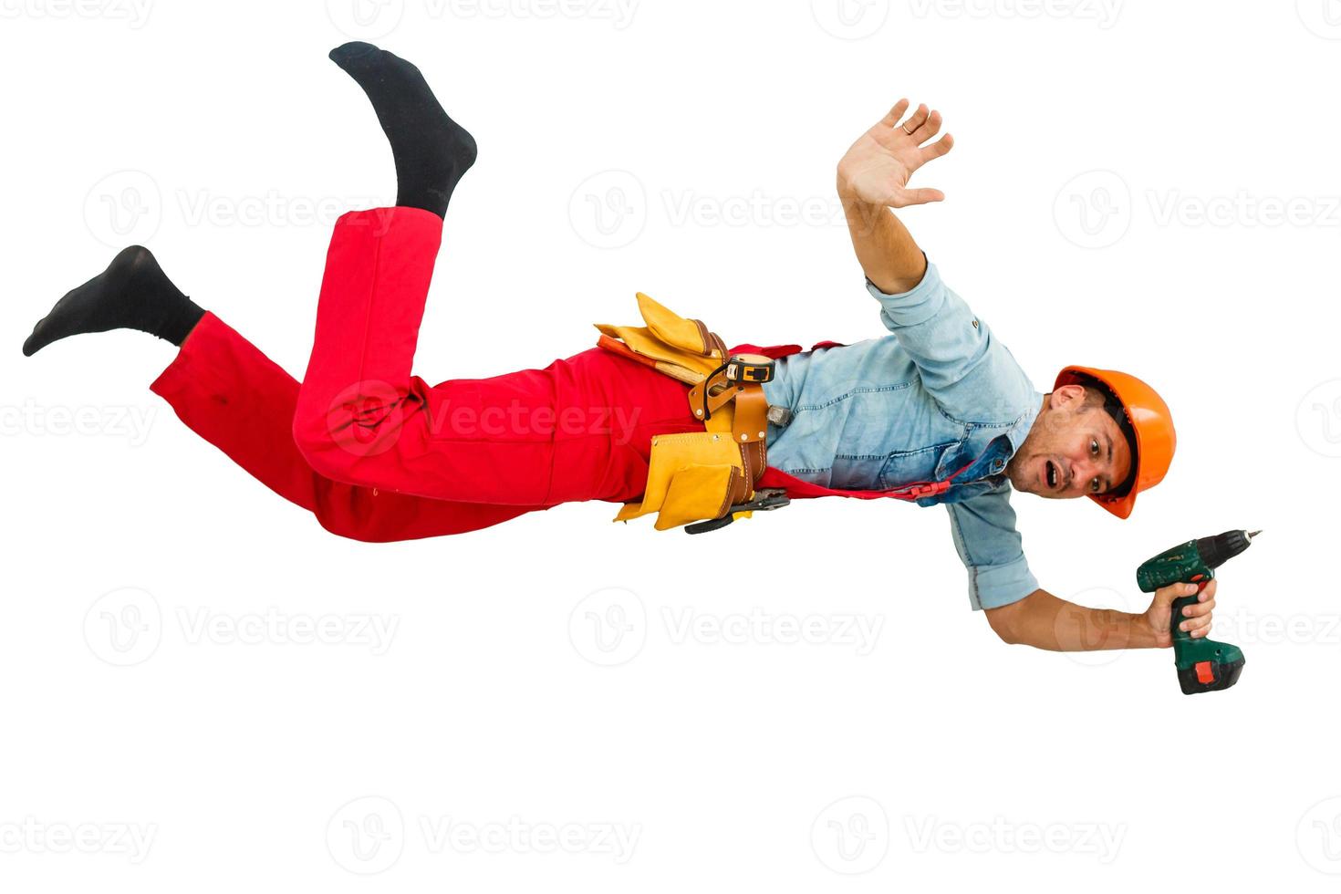 Construction site worker flies on white background photo