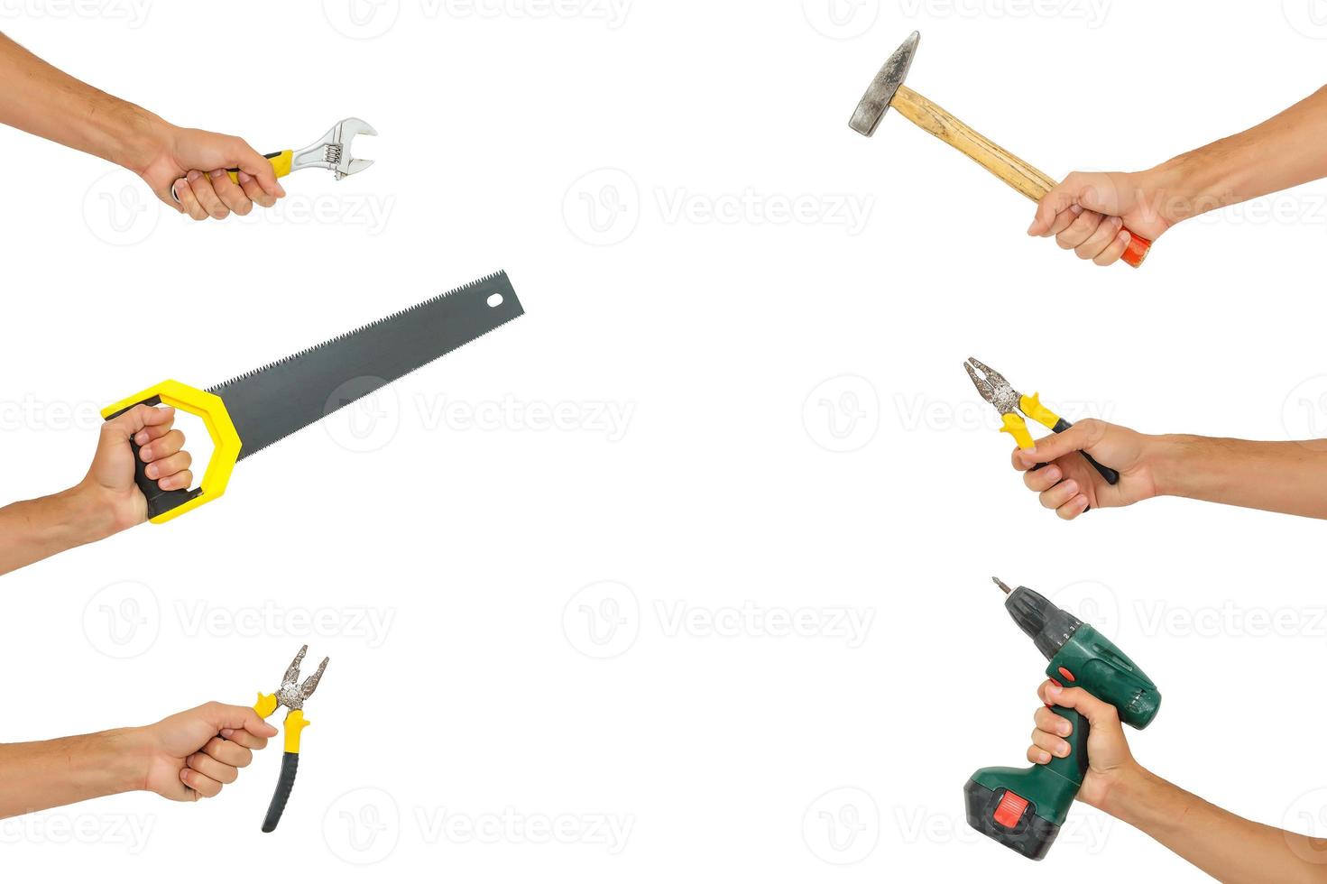 Hands holding construction tools isolated on white background. Banner, collage photo