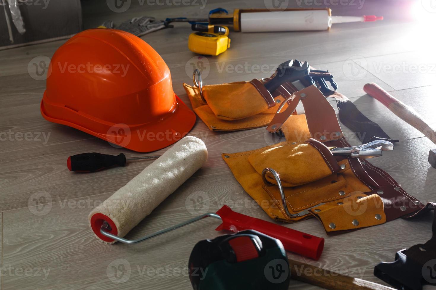 work tools on wooden background photo