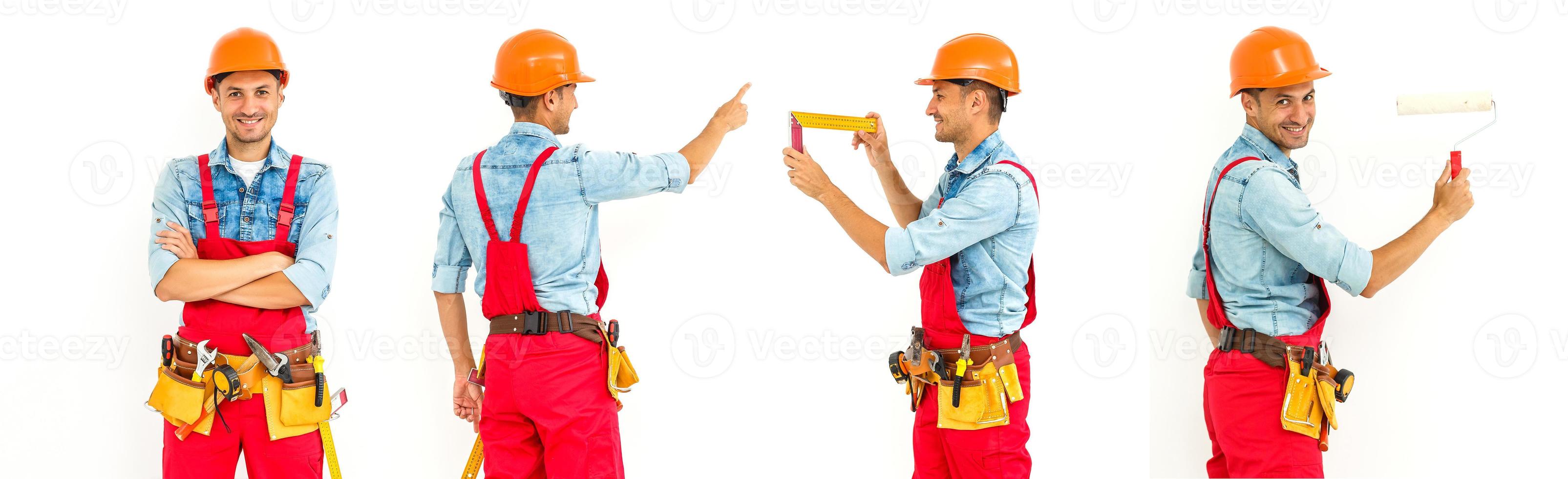 Stock image of male construction worker over white background photo