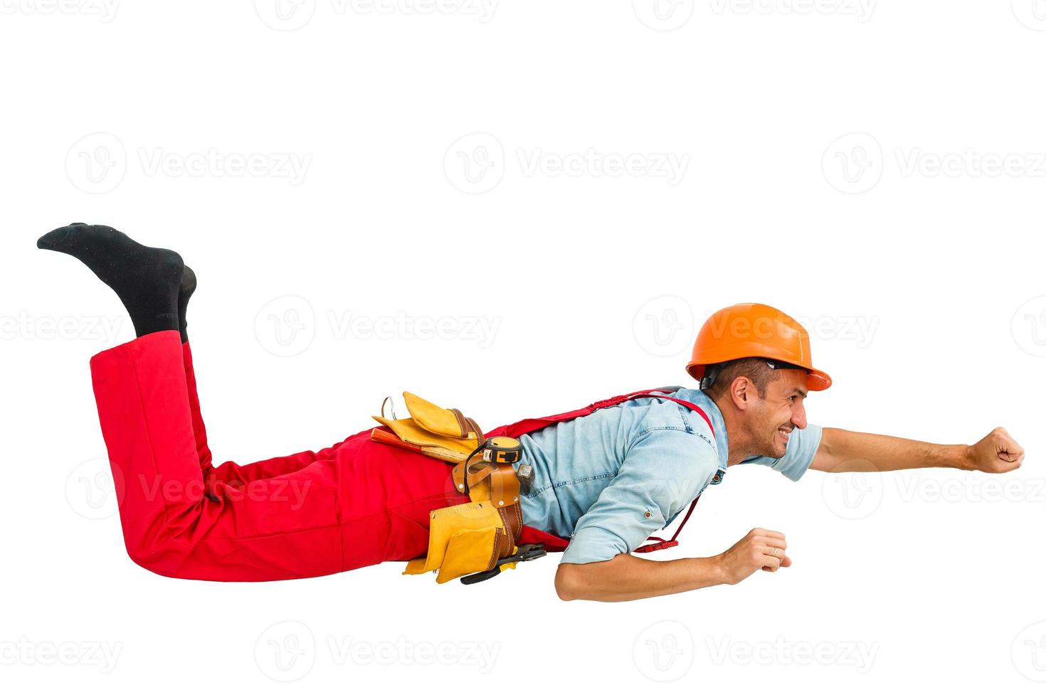 Construction site worker flies on white background photo