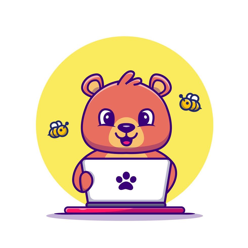 lindo oso de miel que opera la ilustración del icono del vector de dibujos animados de la computadora portátil. concepto de icono de tecnología animal vector premium aislado. estilo de dibujos animados plana