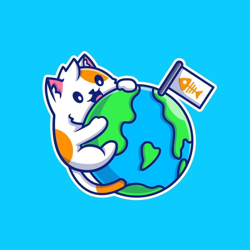 Cute Cat Hug World Cartoon Vector Icon Illustration. Animal Nature Icon Concept Isolated Premium Vector. Flat Cartoon Style